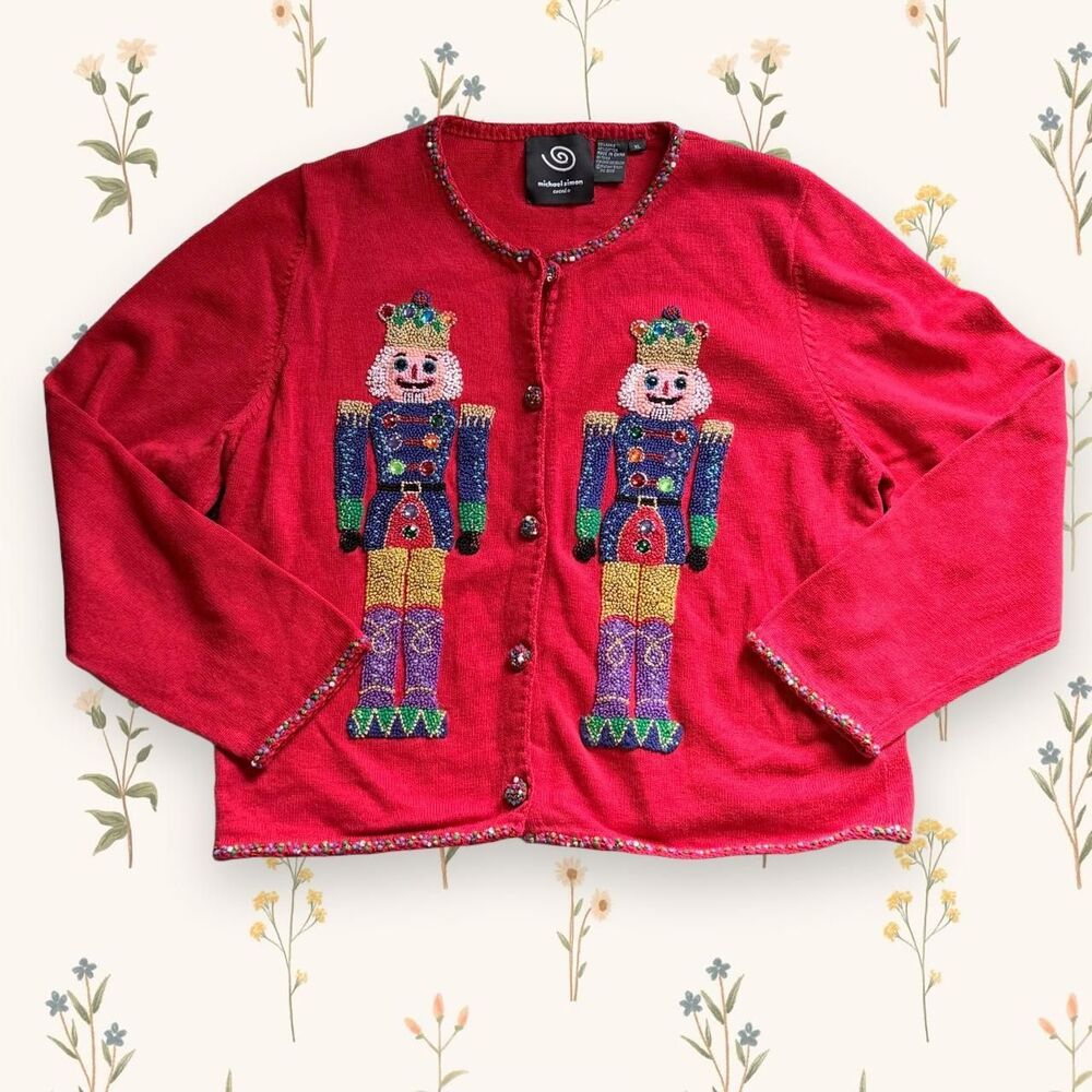 Vintage Michael Simon Nutcracker Beaded Sequin Christmas Cardigan Sweater Red XL